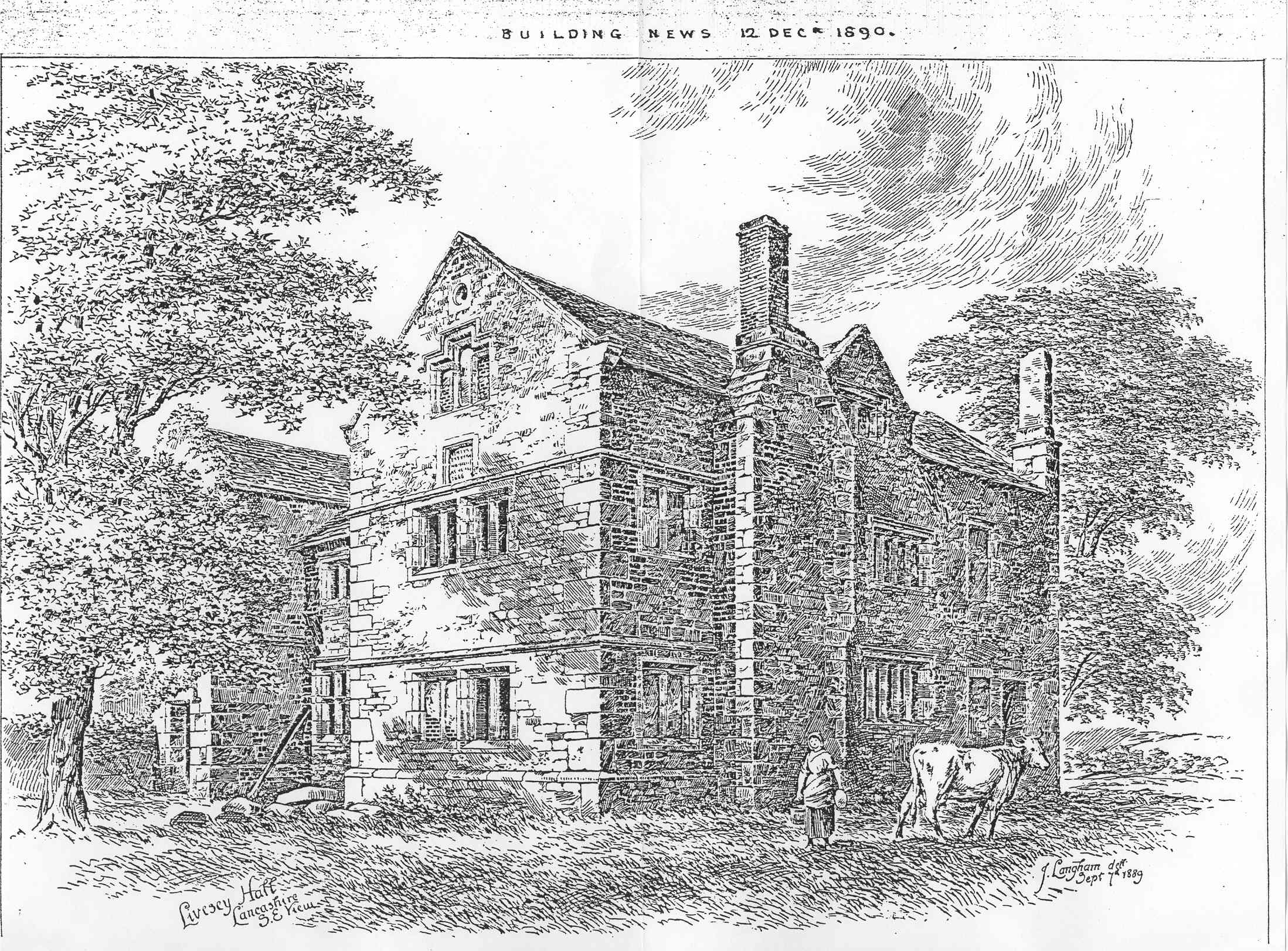 Historic 1889 drawing of Livesey Old Hall